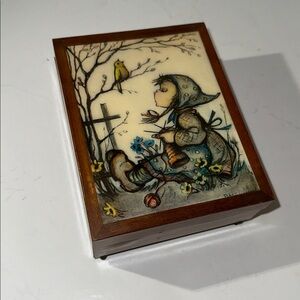 Small Wood vintage German Music box with a Girl and Bird Illustration
